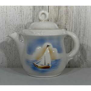 Porcelier Vintage Porcelain Teapot Sailboat Nautical Beach Coastal Made in USA